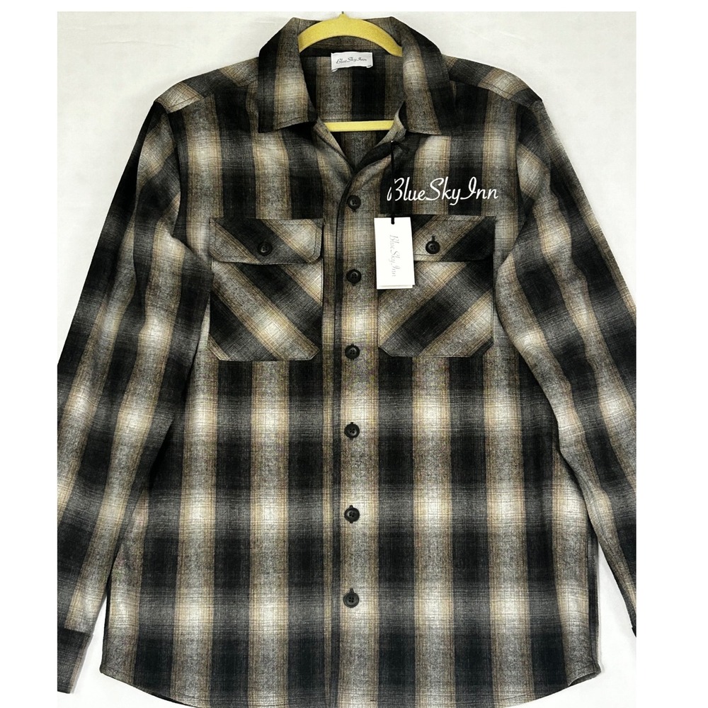 Blue Sky Inn Mens Ombre Check Plaid Wool Blend Shirt Grey Tan BS2203FT001 M